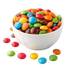 A white bowl overflowing with colorful chocolate candy pieces scattered around the base on a transparent background isolated on transparent background