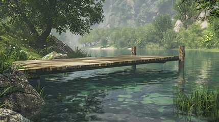 A wooden pier extends into a calm lake surrounded by lush greenery and rocky hills in a serene landscape