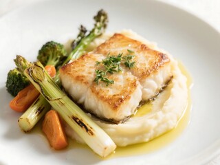 Pan-Seared Halibut with  Potato Pur&eacute;e, Charred Leeks, and Herb-Butter Glazed Baby Vegetables