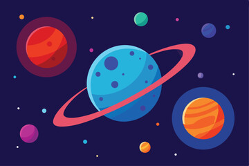 Colorful cartoon illustration of planets, rings, and stars in the vast cosmos.