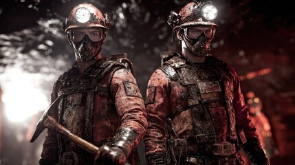 Fototapeta premium Two miners in rugged gear pose with tools in a dimly lit mine showcasing grit and the challenges of underground work