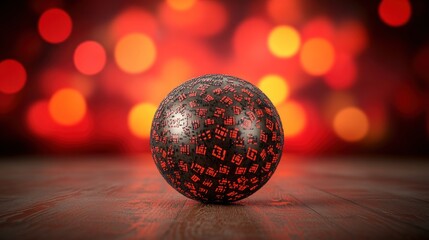 Illuminated Sphere with Red Patterns on Wooden Surface, Bokeh Background