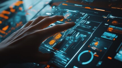 Navigating Future Tech, Hand Interacting with Advanced Digital Interface
