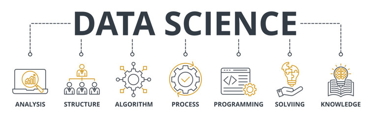 Data Science web banners concept vector illustration with keywords analysis, structure, algorithm, process, programming, solving, knowledge
