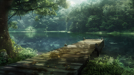 A wooden dock extends into a tranquil lake surrounded by lush green trees and vegetation light shining