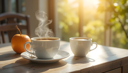 Obraz premium Two cups of coffee with steam and an orange on a table in a bright sunny room