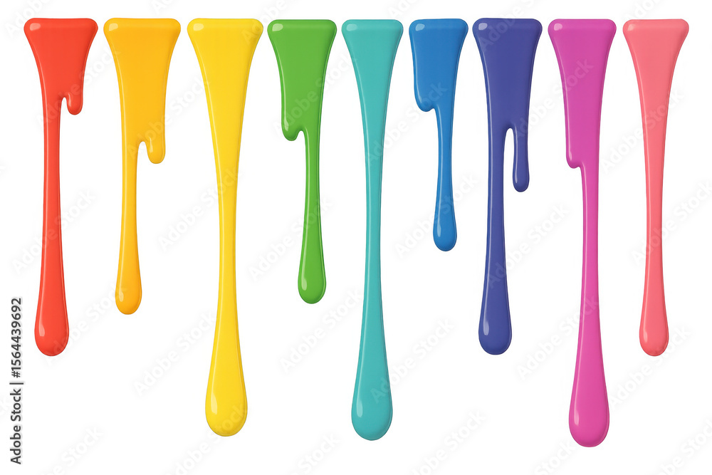 Poster vibrant paint dripping, streaming in multicolored streams against transparent surface, revealing dyn