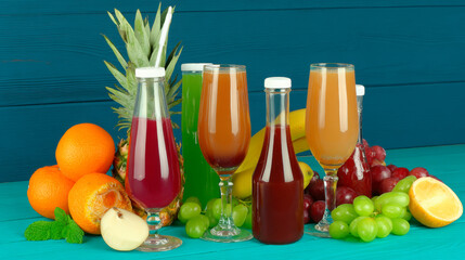 A vibrant display of colorful fruits and smoothies, arranged on an isolated blue wooden background.