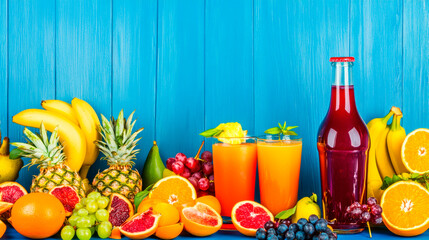 A vibrant display of colorful fruits and smoothies, arranged on an isolated blue wooden background.