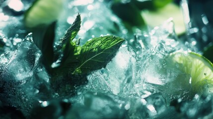 Refreshing Mojito ingredients close-up with mint leaves and lime slices in a sea of crushed ice cubes