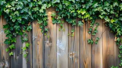 Wooden fence covered with green ivy leaves creating a natural and rustic textured background outdoors