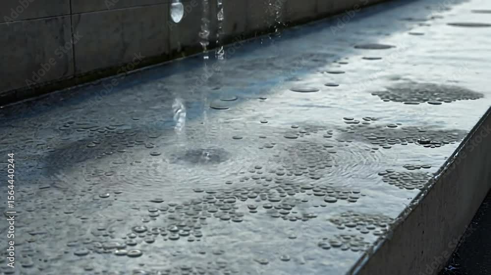 Poster close-up of water droplets creating ripples on a smooth stone surface in an urban park setting
