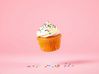 Delicious vanilla cupcake with white frosting and colorful sprinkles floats against pink background, creating playful