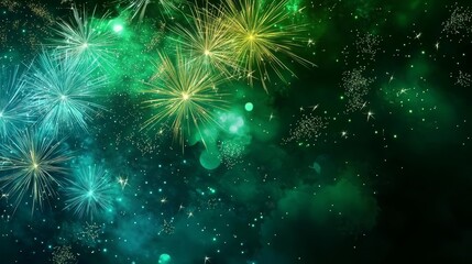 The contrast of sky blue and green fireworks against the night sky captivates viewers.
