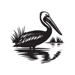 Pelican Silhouette Vector, Standing Pelican Stencil, Bird on Lake Black and White Illustration, Wildlife Bird Clipart