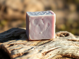 Handcrafted pink soap bar sits on textured wooden surface, illuminated by warm natural light outdoors