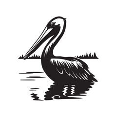 Pelican Silhouette Vector, Standing Pelican Stencil, Bird on Lake Black and White Illustration, Wildlife Bird Clipart