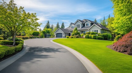 Elegant suburban home with meticulously landscaped yard and circular driveway