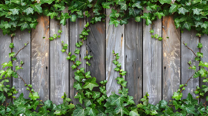 A weathered wooden fence covered with vibrant green ivy vines in a garden setting outdoors and natural light