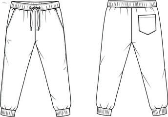 Jogger pants technical flat sketch with drawstring waist, ribbed cuffs, side pockets, back patch pocket, casualwear vector illustration © Md Rofequl Islam