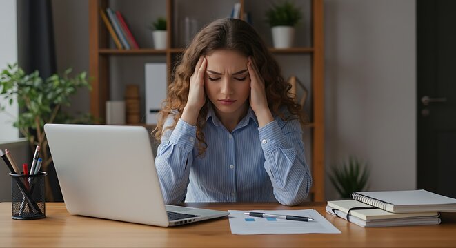 Stressed Young Woman Experiencing Headache At Her Home Office Desk