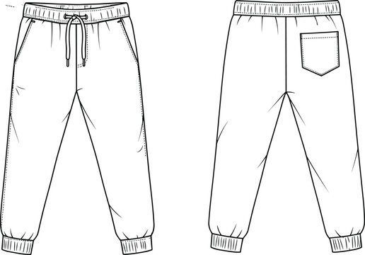 Jogger pants technical flat sketch with drawstring waist, ribbed cuffs, side pockets, back patch pocket, casualwear vector illustration