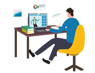 Online study learning course or internet education webinar, remote e-learning, teaching online or exam, test, knowledge wisdom concept, young man study online course on computer laptop at home