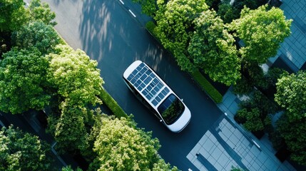 Aerial view of an innovative solar car driving through a green urban environment showcasing sustainable transportation solutions