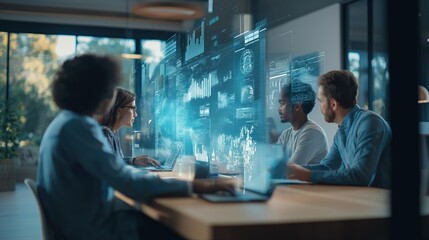 Multicultural business meeting with holographic interface: Futuristic corporate negotiation scene, diverse professionals collaborating via floating 3D display