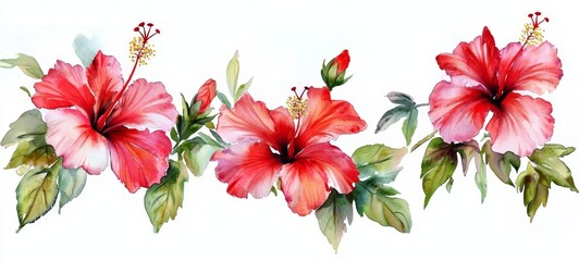 Beautifully illustrated watercolor hibiscus blossoms.