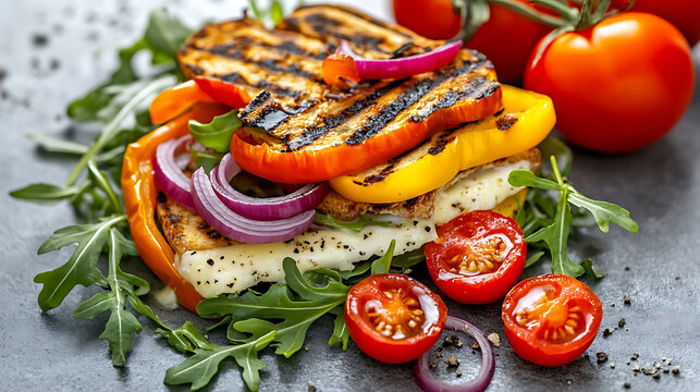 Keto salad arrangement featuring layers of grilled cheese, colorful peppers, fresh arugula, and red onions with cherry tomato halves on a clean grey stone table - Powered by Adobe
