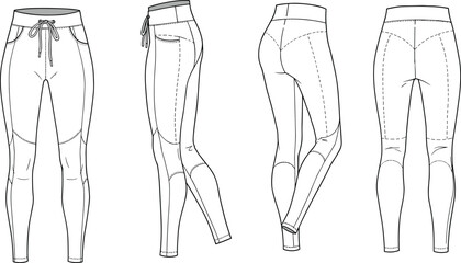 Women’s athletic leggings technical flat sketch with drawstring waistband, contour panels, knee seaming, back yoke, sporty fitted pants vector