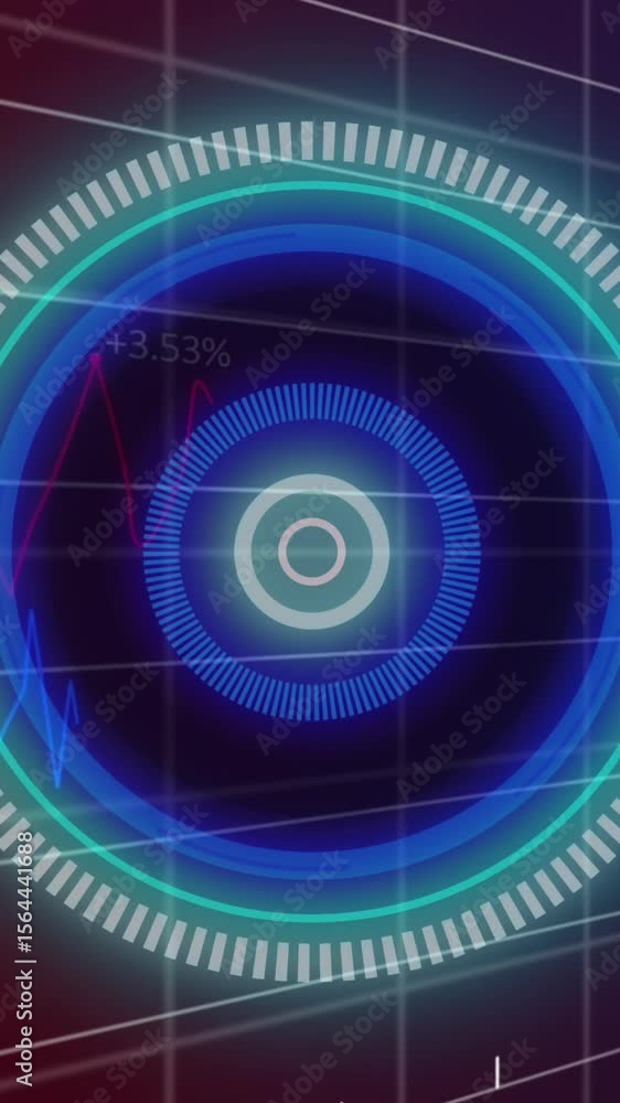 Poster animation of neon round scanner and statistical data processing against purple gradient background