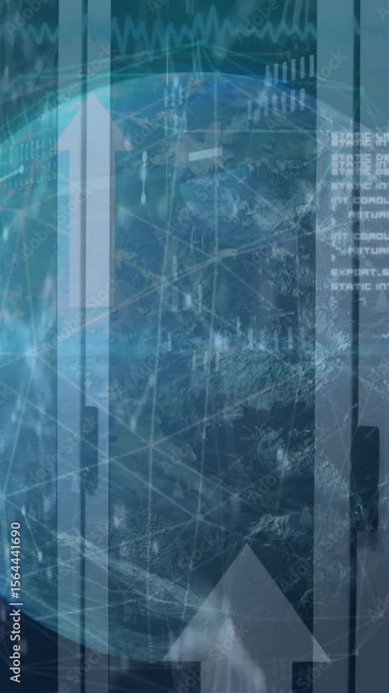Poster animation of globe, connected dots, up arrow, computer language, graphs over data server racks