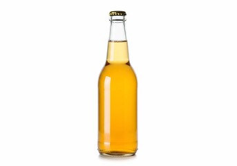 Golden Lager in Clear Glass Bottle with Metal Cap on White Background