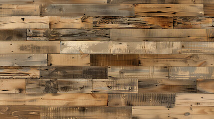 A rustic wooden wall featuring horizontal planks of varying shades and textures arranged closely together