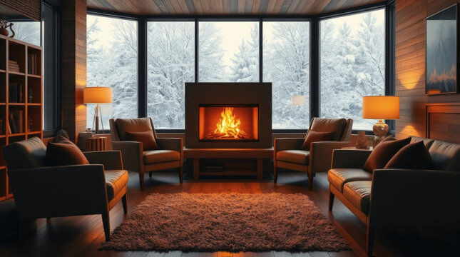 Cozy living room interior with a fireplace, comfy chairs, and a stunning winter view.