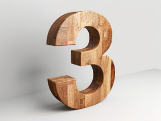 A realistic 3d rendered wooden number three on a white background