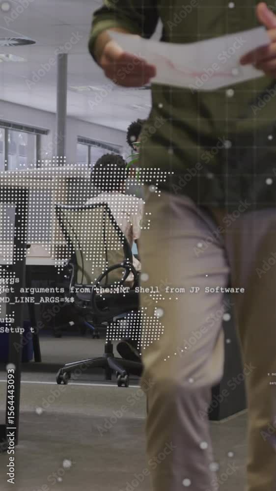Aufkleber animation of data processing, world map and globe over mid section of man walking at office