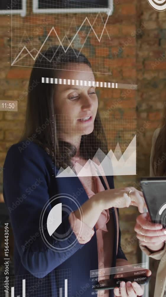 Poster animation of statistical data processing over two caucasian women discussing over digital tablet