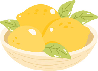 Lemon Bowl Illustration, Fresh Yellow Citrus Fruit Clipart

