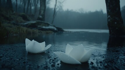 Serene White Lotus Flowers Floating on Dark Water, Misty Forest Backdrop