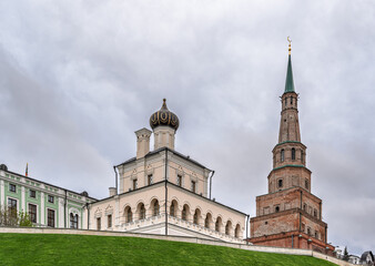 The ancient leaning red brick Syuyumbike Tower on the territory of the Kazan Kremlin. Russia