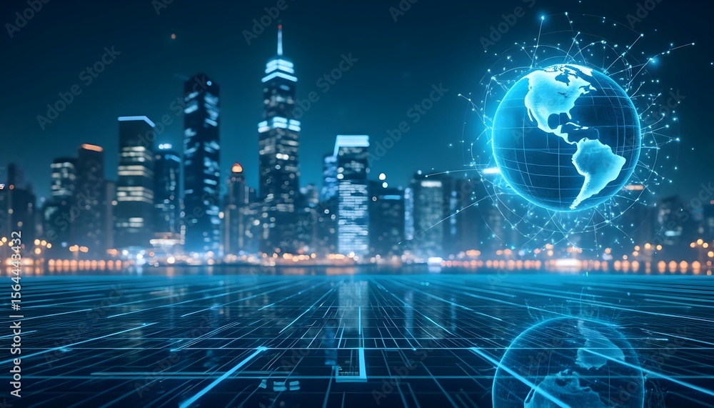 Poster global network connection technology background with city skyline for business and communication con