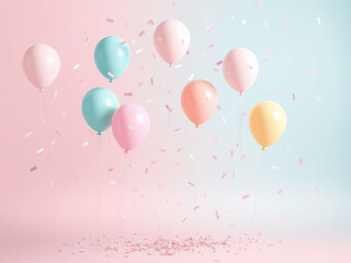 Colorful balloons floating with confetti on pastel pink and blue background, creating festive and cheerful atmosphere
