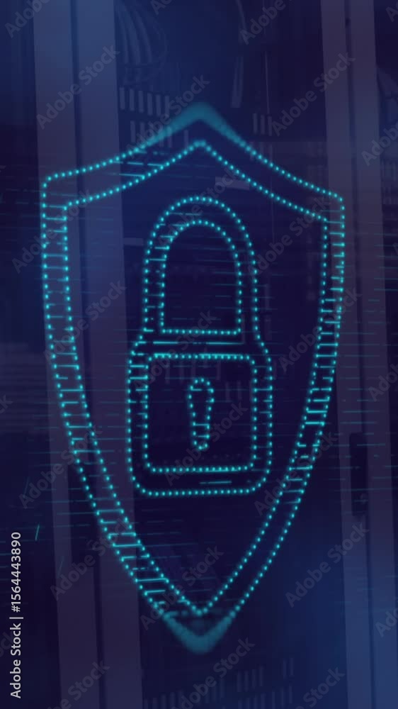 Poster animation of light spot over security padlock icon and data processing against computer server room