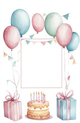 Watercolor card with balloons and cake