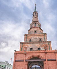 The ancient leaning red brick Syuyumbike Tower on the territory of the Kazan Kremlin. Russia