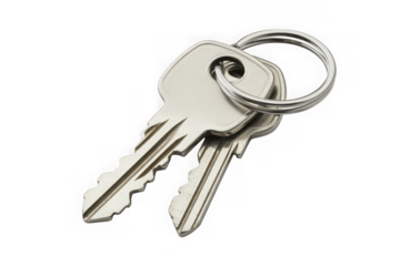Two silver metal keys with keyring, security, access, unlock, lock, house, car, door, isolated on transparent background
