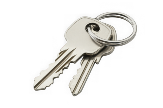 Two silver metal keys with keyring, security, access, unlock, lock, house, car, door, isolated on transparent background